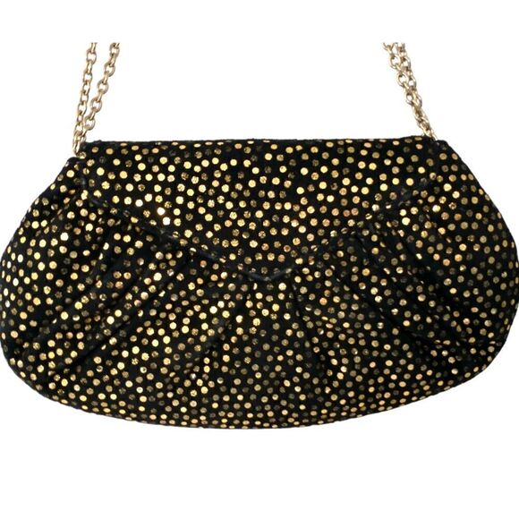 Lauren Merkin Suede Bag Black Gold Metallic Dots Chain Strap Evening Baguette. - Picture 8 of 16